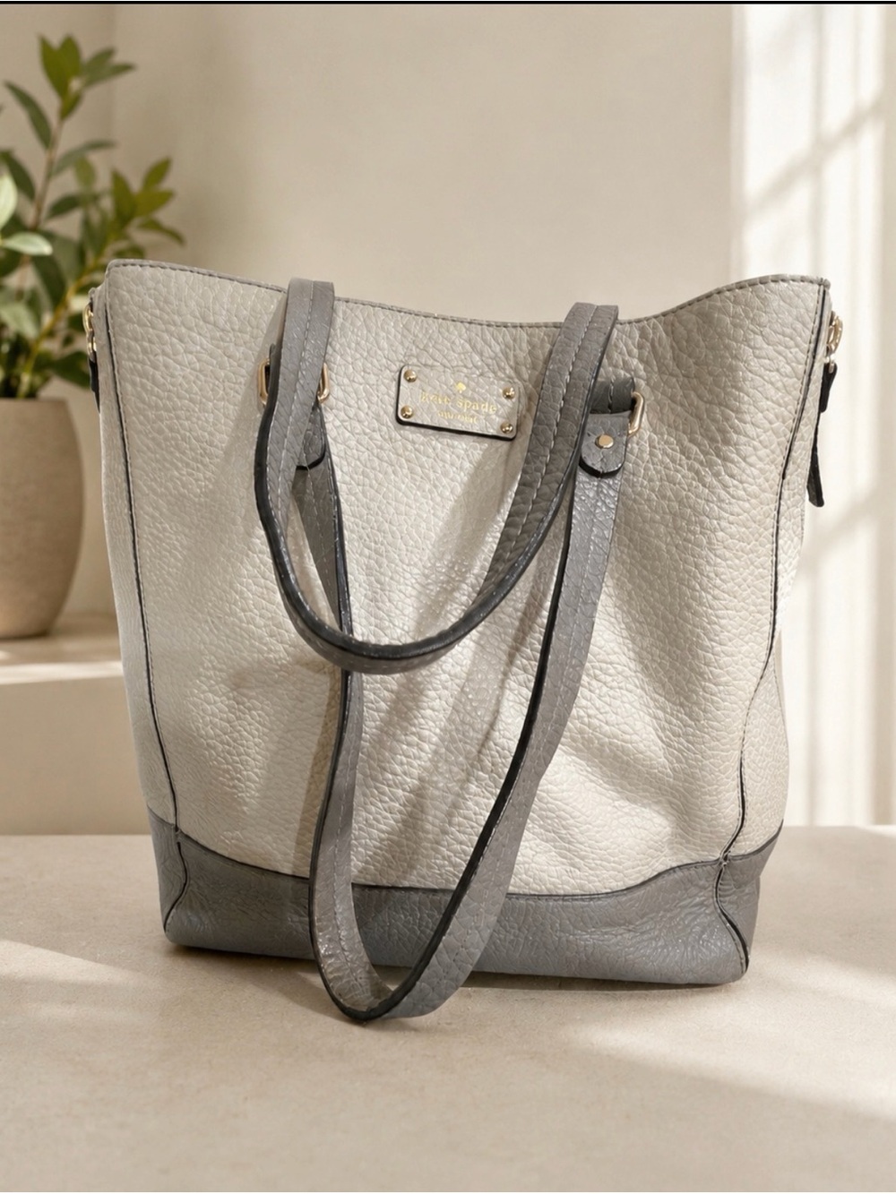 kate spade Two-Tone Pebbled Leather Tote - Light Gray & Charcoal